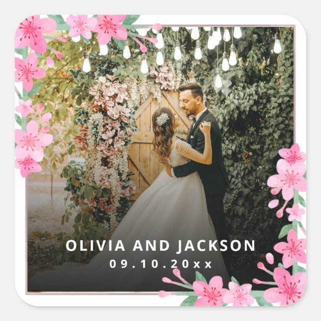 Welcome Party Pink Floral Golden Frame wedding Square Sticker (Front)