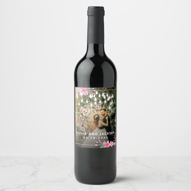 Welcome Party Pink Floral Golden Frame wedding Wine Label (Front)