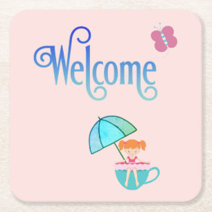 Welcome Party Teacup Girl Butterfly Square Paper Coaster