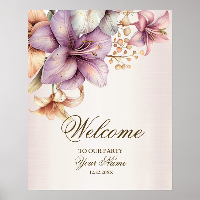 Welcome Party Watercolor Boho Pink Flowers Elegant Poster (Front)