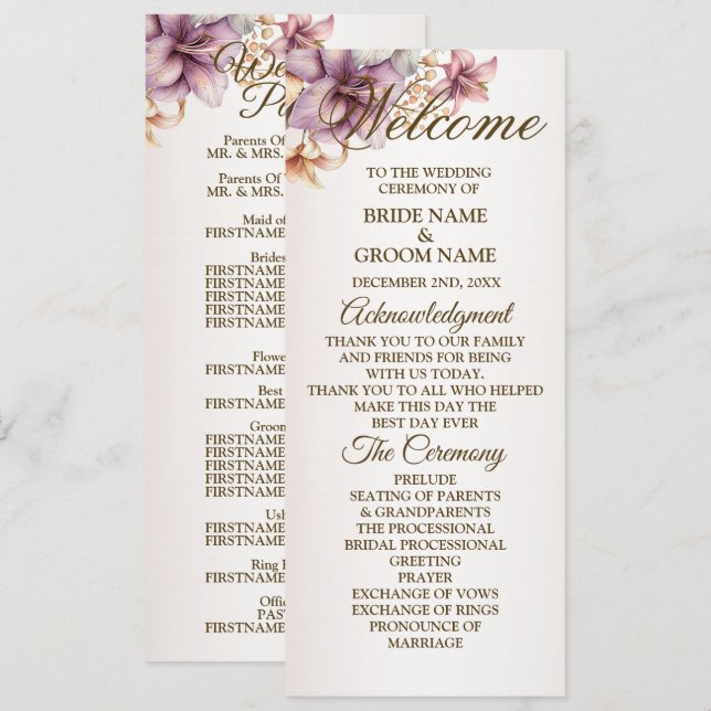 Welcome Party Watercolor Boho Pink Flowers  Programme (Front/Back)