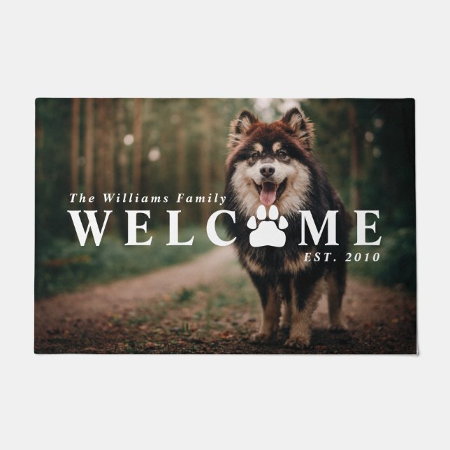 Welcome Paw Print Pet Photo & Family Name Doormat (Front)