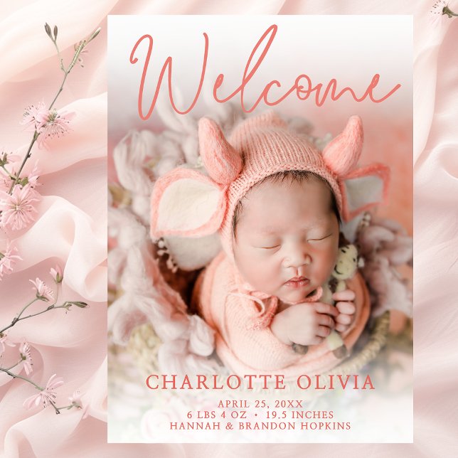 Welcome Peach Photo Birth Announcement (Creator Uploaded)