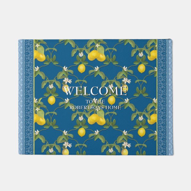 Welcome Personalised Family Lemon Flower Trellis Doormat (Front)