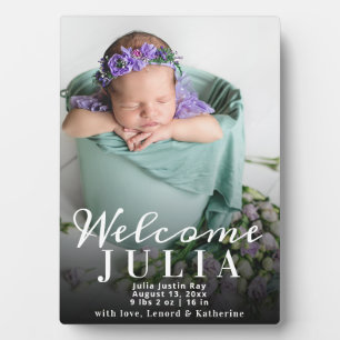 Welcome Photo Collage White Script Birth Announcem Plaque