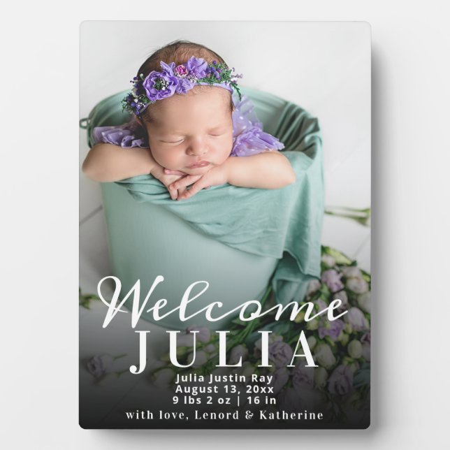 Welcome Photo Collage White Script Birth Announcem Plaque (Front)