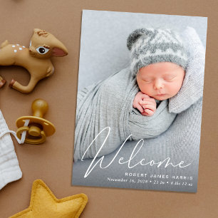 Welcome Photo Collage White Script Birth Announcement