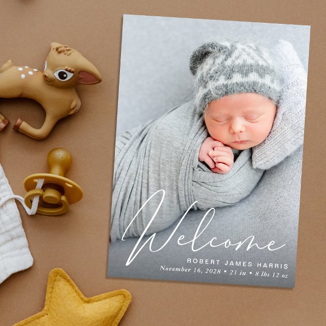 Welcome Photo Collage White Script Birth Announcement (A beautiful and unique way to thank family and friends and introduce them to your precious  baby)