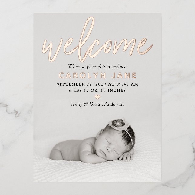"Welcome" Photo Real Foil Birth Announcement (Front)