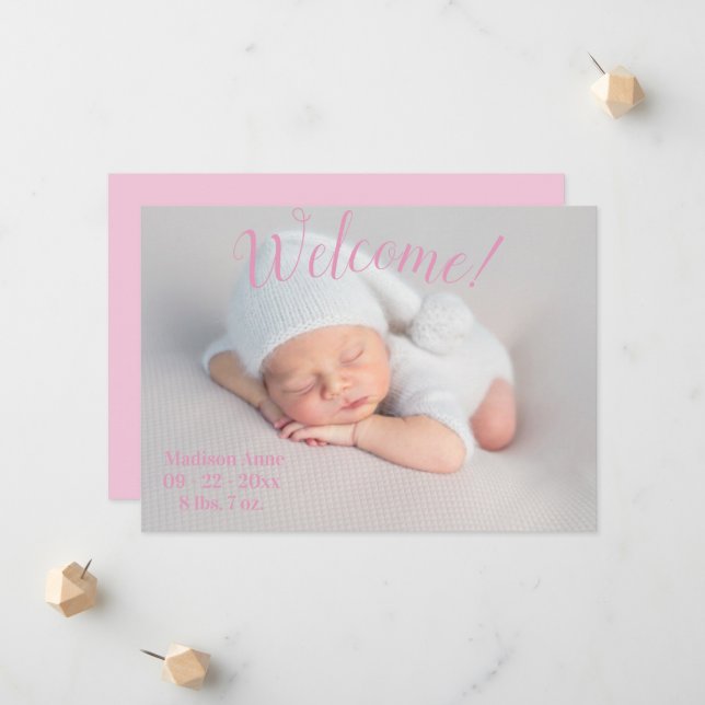 Welcome Photo Script Baby Girl Pink Birth Announcement (Front/Back In Situ)