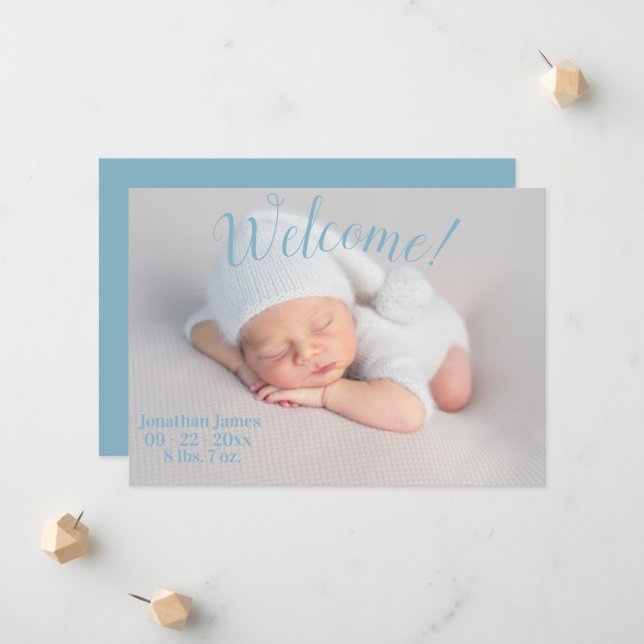 Welcome Photo Stats Script Baby Boy Blue Birth Announcement (Front/Back In Situ)