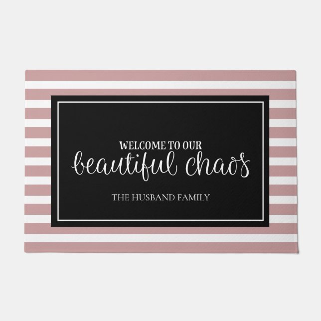 Welcome Pink and White Personalised Family Name  Doormat (Front)