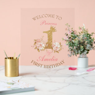 Welcome Pink Gold Crown Princess 1st Birthday Sign