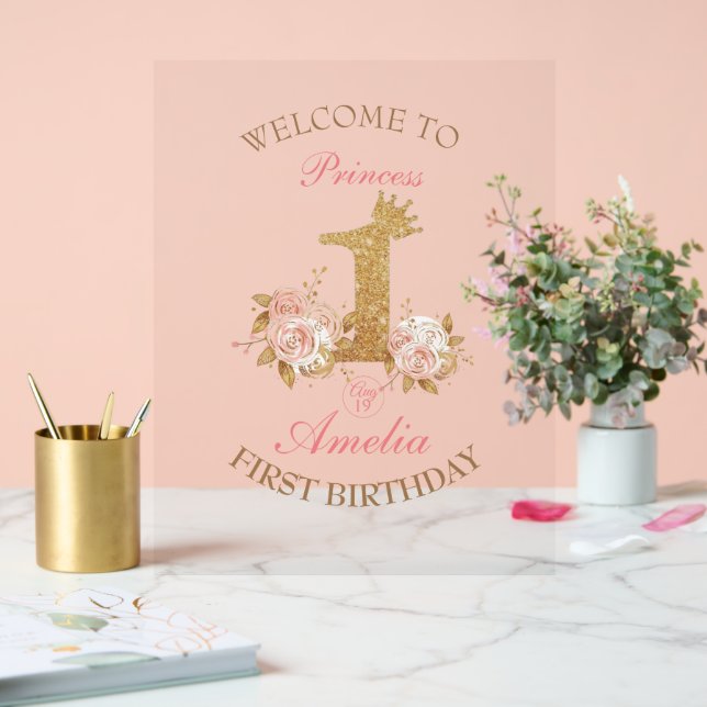 Welcome Pink Gold Crown Princess 1st Birthday Sign (Wedding)
