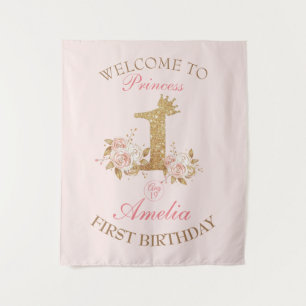 Welcome Pink Gold Crown Princess 1st Birthday Tapestry