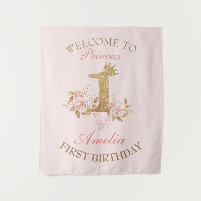 Welcome Pink Gold Crown Princess 1st Birthday  Tapestry (Front)