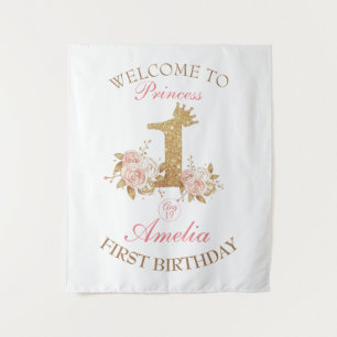 Welcome Pink Gold Crown Princess 1st Birthday Tapestry