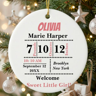 Welcome pink New baby girl Personalised name, Ceramic Tree Decoration