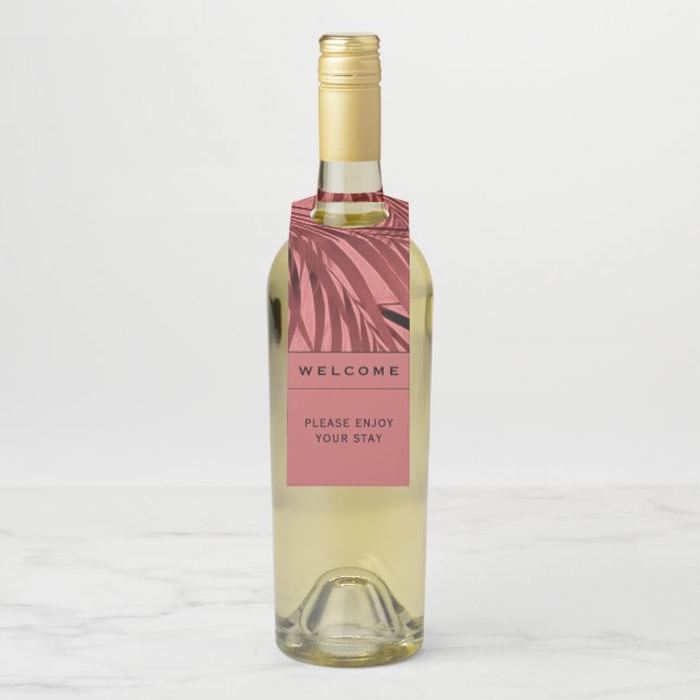 Welcome | Pink Palm Leaves | Vacation Rental Bottle Tag (On Bottle)