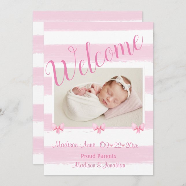Welcome Pink Photo Script Personalise Girly Birth Announcement (Front/Back)