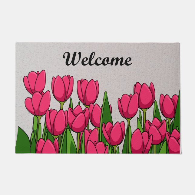 Welcome Pink Tulip Garden Mat, Tulip Flower Doormat (Front)