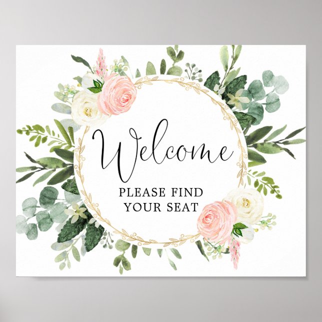 Welcome please find your seat sign pink greenery (Front)