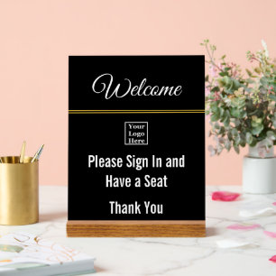 Welcome Please Sign In and Logo Black Acrylic Sign