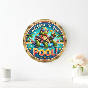 Welcome Pool Turtle Party  Large Clock