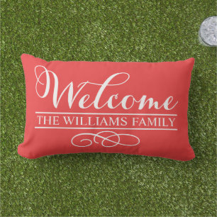 Welcome Poppy Red Custom Last Name Outdoor Cushion