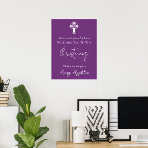 Welcome Poster Floral Cross Christening Sweet Plum