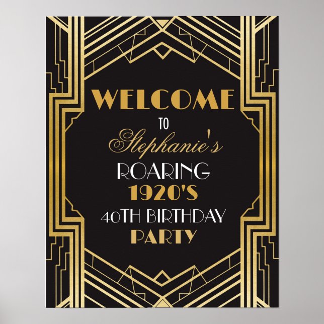 Welcome Poster Gatsby Art Deco Gold Birthday Sign (Front)