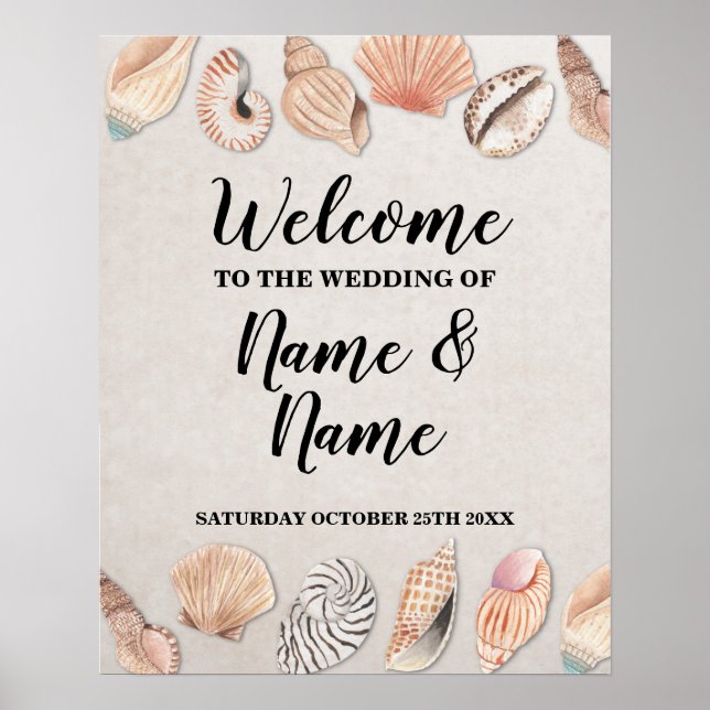 Welcome Poster Shells Ocean Beach Wedding (Front)