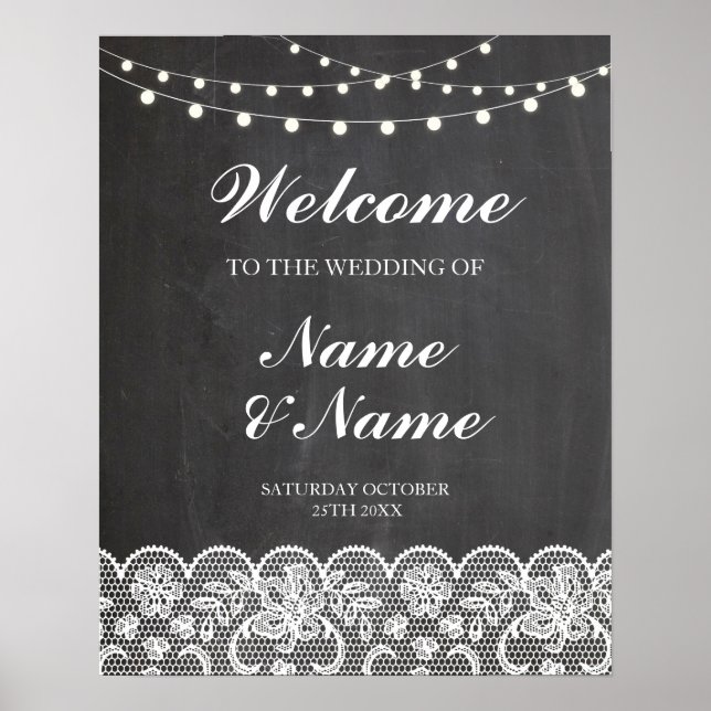 Welcome Poster Sign Wedding Lace & Chalk Poster (Front)