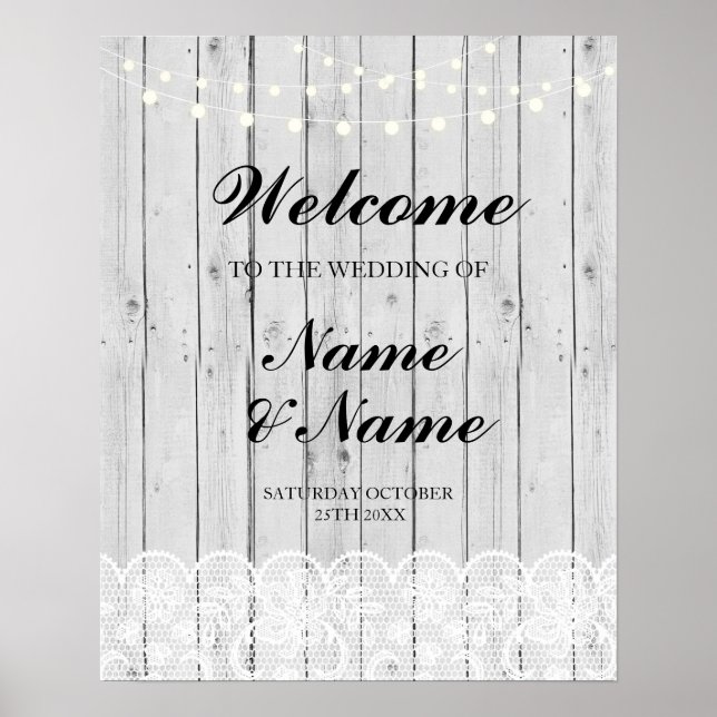 Welcome Poster Sign Wedding Lace Grey Wood Poster (Front)