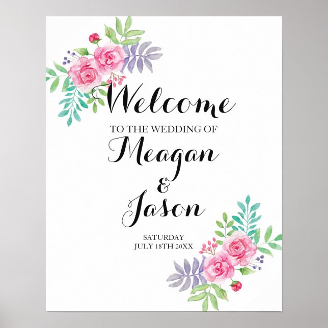 Welcome Poster Wedding Floral Watercolour Roses (Front)