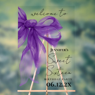 Welcome Purple Bow Coquette Script Sweet 16 Acrylic Sign