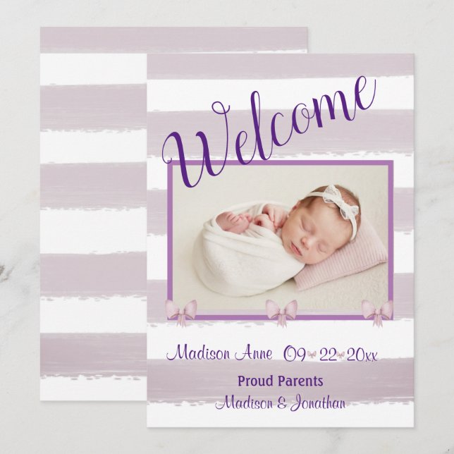 Welcome Purple Photo Script Personalise Birth Announcement (Front/Back)