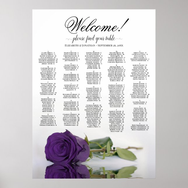 Welcome! Purple Rose Alphabetical Seating Chart (Front)