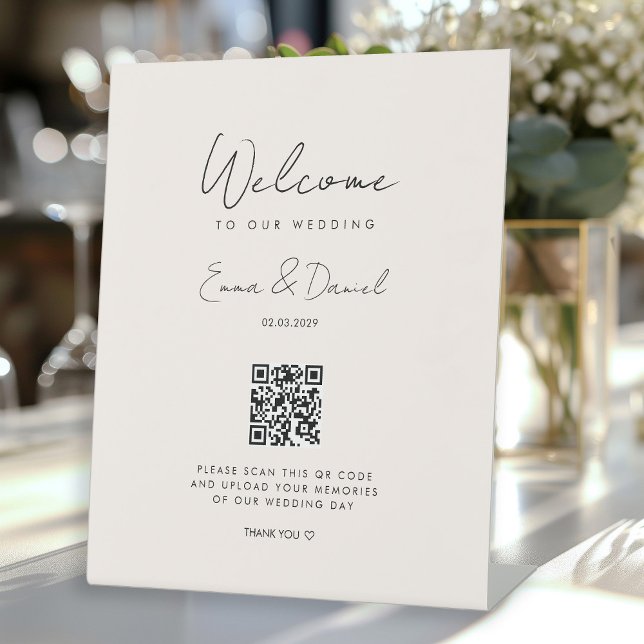 Welcome QR Code Wedding Galery Beige Pedestal Sign (Creator Uploaded)