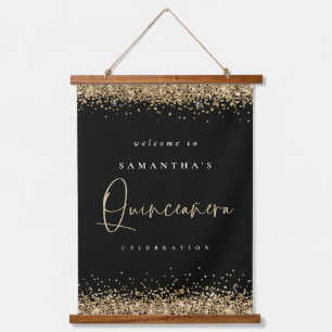 Welcome Quinceanera Gold Glitter Name Black Hanging Tapestry