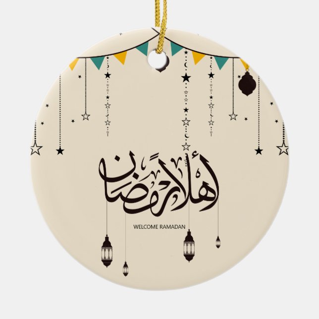 Welcome Ramadan, Arabic calligraphy Ceramic Tree Decoration (Front)