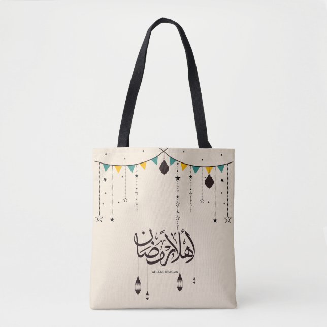 Welcome Ramadan, Arabic calligraphy Tote Bag (Front)