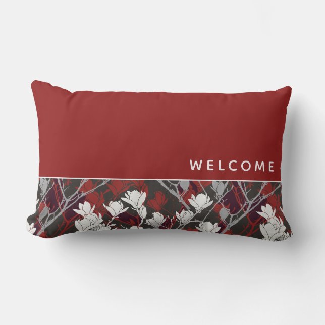 Welcome Red Black White & Grey Floral Design Lumbar Cushion (Front)