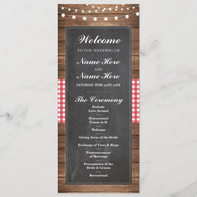 Welcome Red Check Rustic Chalk Wedding Program Programme (Front)