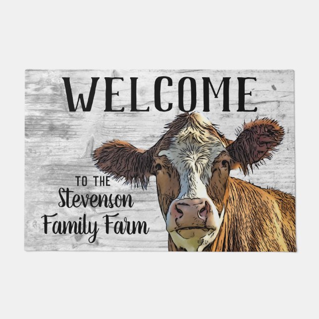 Welcome Red Holstein Cow Animal Family Farm Name Doormat (Front)