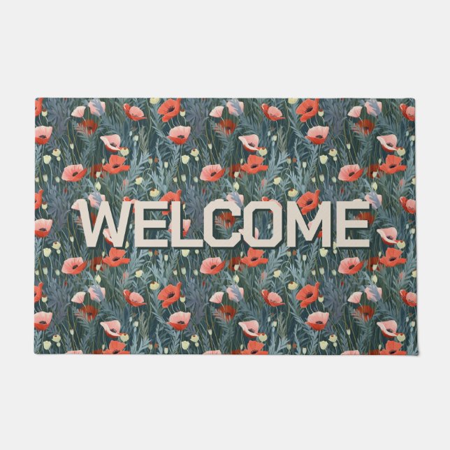 Welcome Red Poppy Meadow Doormat (Front)
