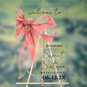 Welcome Rose Gold Bow Coquette Script Sweet 16 Acrylic Sign