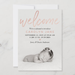 "Welcome" Rose Gold Foil Photo Birth Announcement