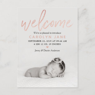 "Welcome" Rose Gold Foil Photo Birth Announcement