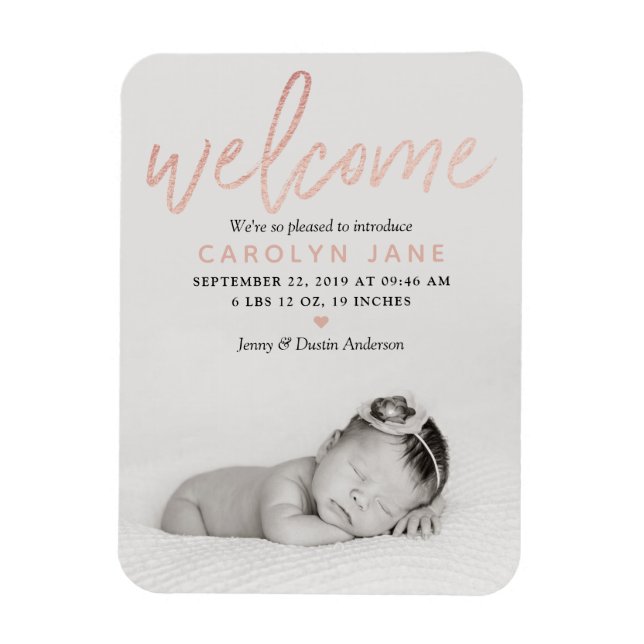 "Welcome" Rose Gold Foil Photo Birth Announcement Magnet (Vertical)